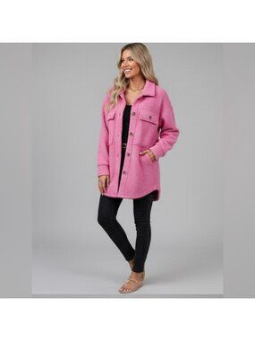 Flap Pocket Drop Shoulder Teddy Coat Jacket Pink